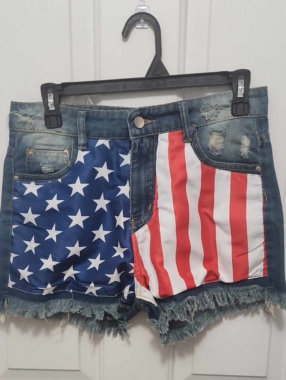 Distressed Denim Jean Shorts with American Flag Front Panels - Red & Blue